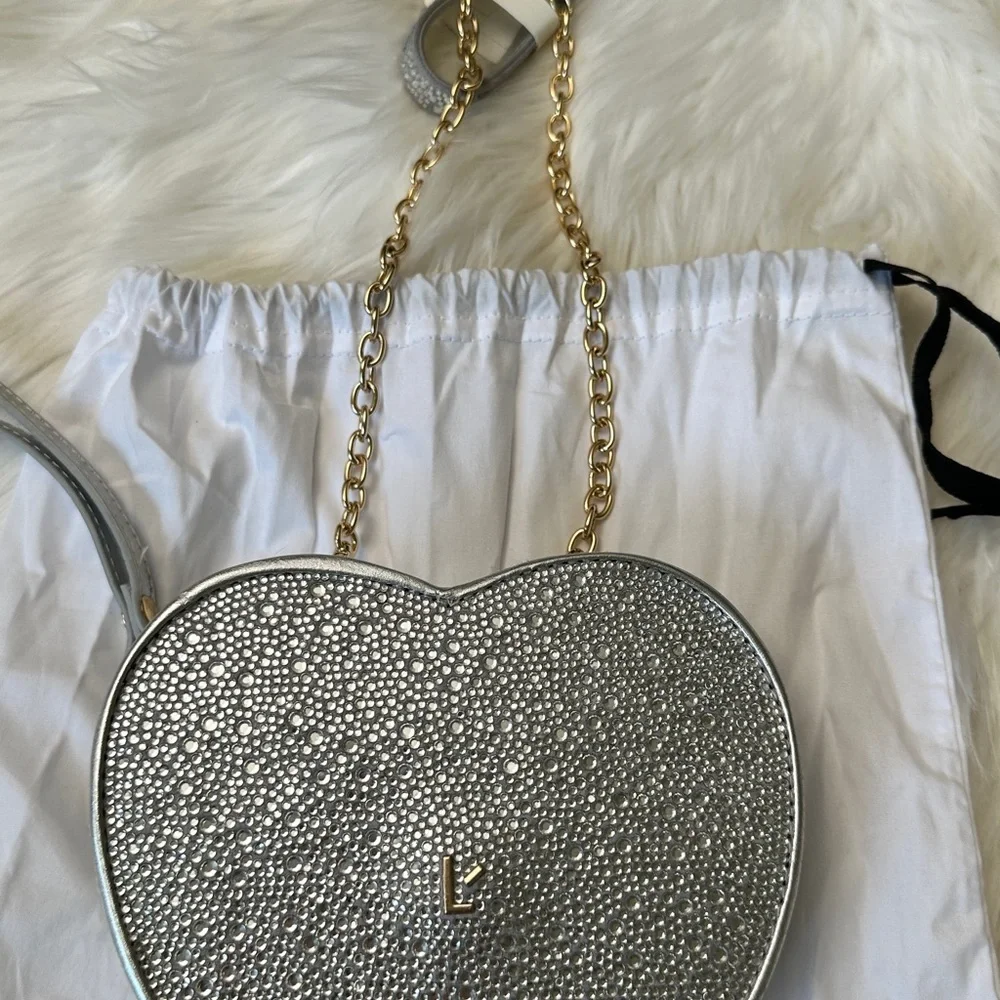 Larroude Heartbreaker Crossbody Bag In Crystal and Light Gray Vegan Suede NWT - Picture 6 of 14
